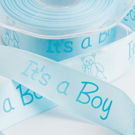 &#039;Its A Boy&#039; Pale blue satin ribbon with teddy 25mm x 20m