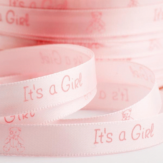 &#039;Its A Girl&#039; Pale pink satin ribbon with teddy 10mm x 25m