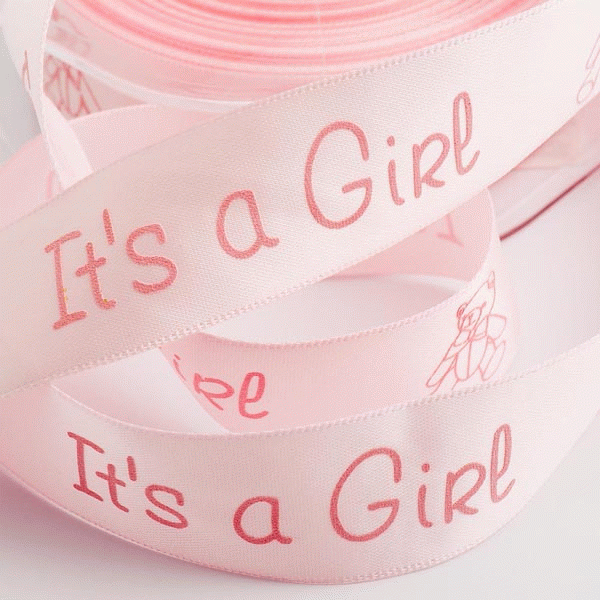 &#039;Its A Girl&#039; Pale pink satin ribbon with teddy 25mm x 20m