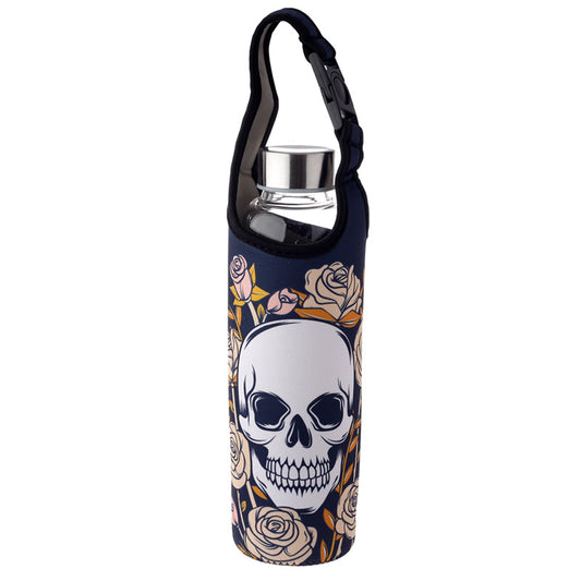 Reusable 500ml Glass Water Bottle with Protective Neoprene Sleeve - Skulls & Roses BOT106-0