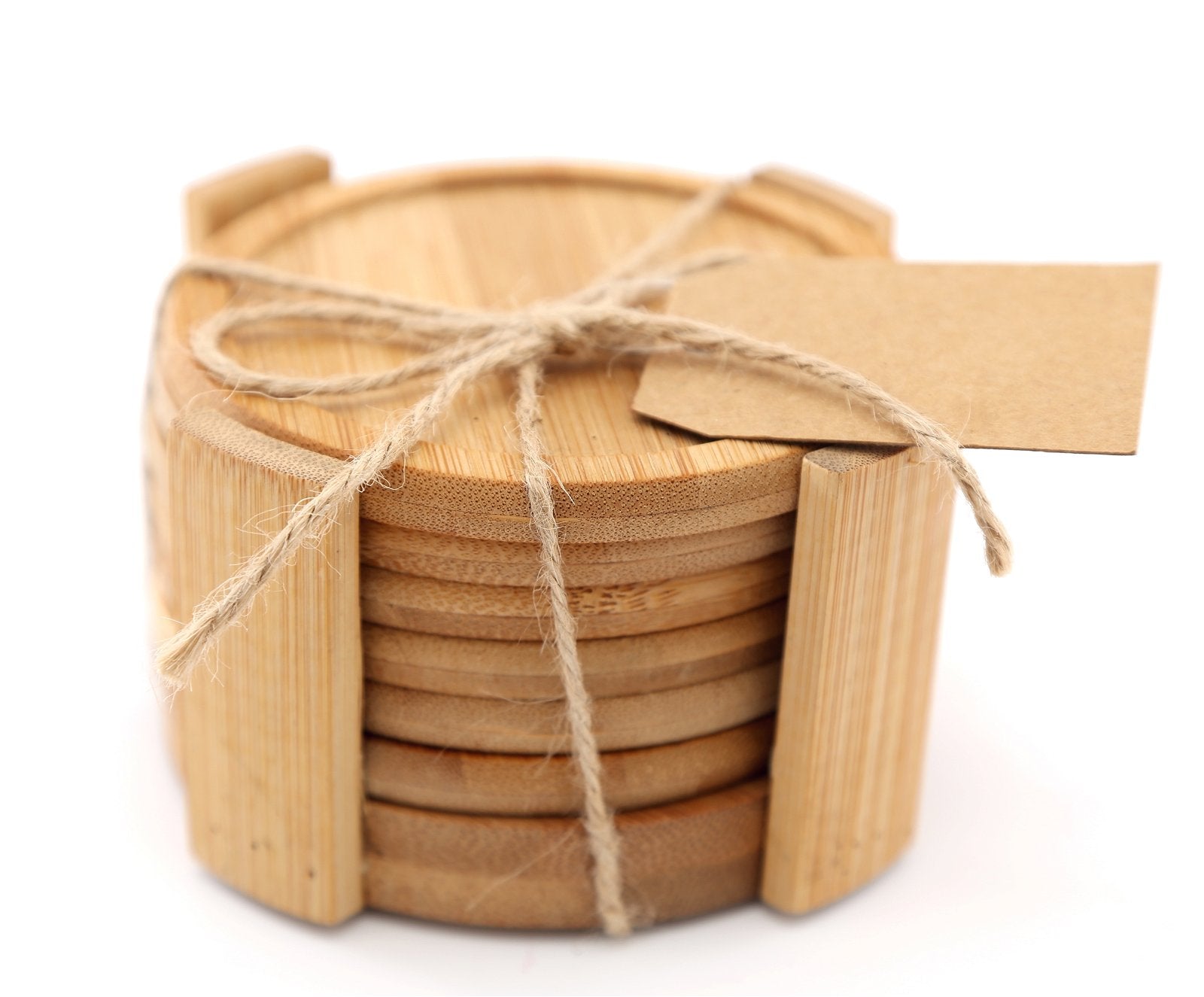 Set Of 6 Round Bamboo Coasters With Holder 12cm-0