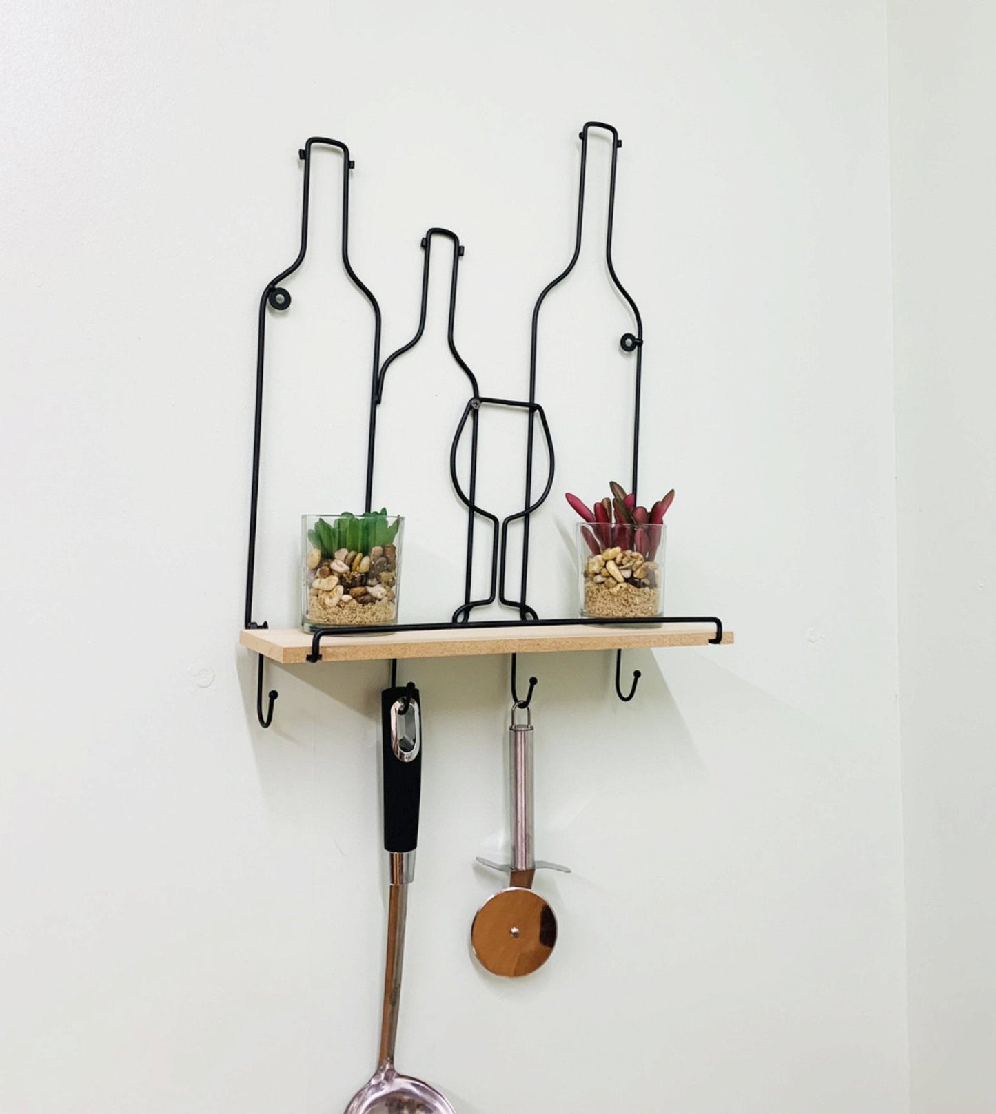 Wine Bottles Wall Shelf & 4 Hooks-2