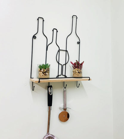 Wine Bottles Wall Shelf & 4 Hooks-2