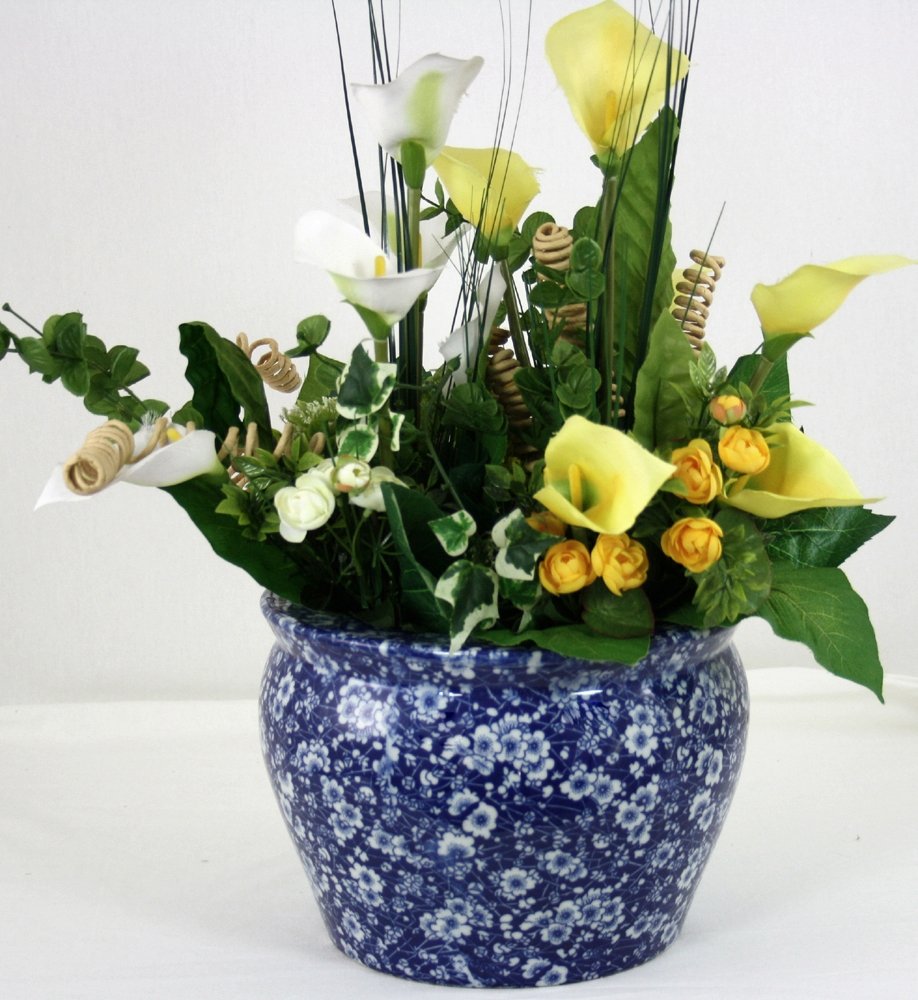 Ceramic Planter, Vintage Blue & White Daisies Design-2