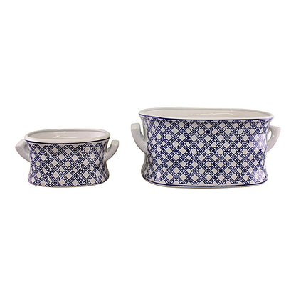 Set of 2 Ceramic Footbath Planters, Vintage Blue & White Geometric Design-2