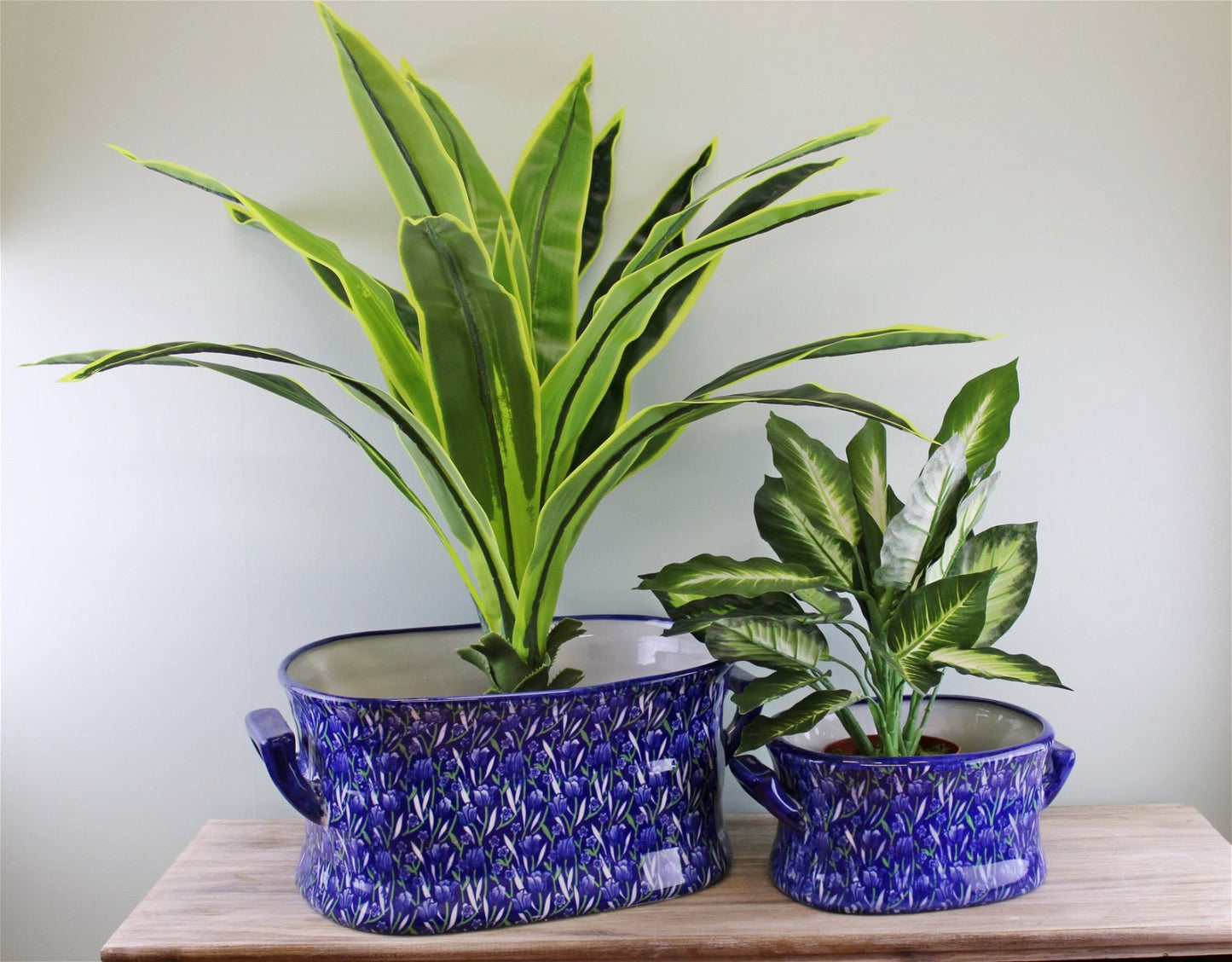 Set of 2 Ceramic Footbath Planters, Vintage Blue & Green Crocus Design-1