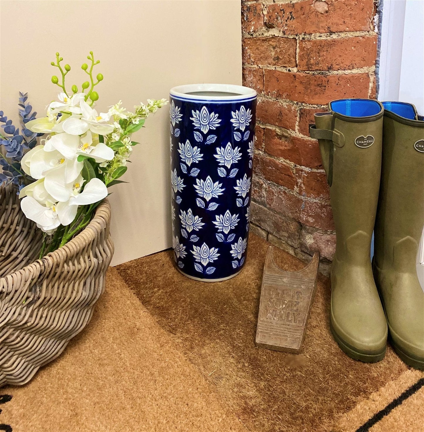 Blue With White Flower Umbrella Stand-3