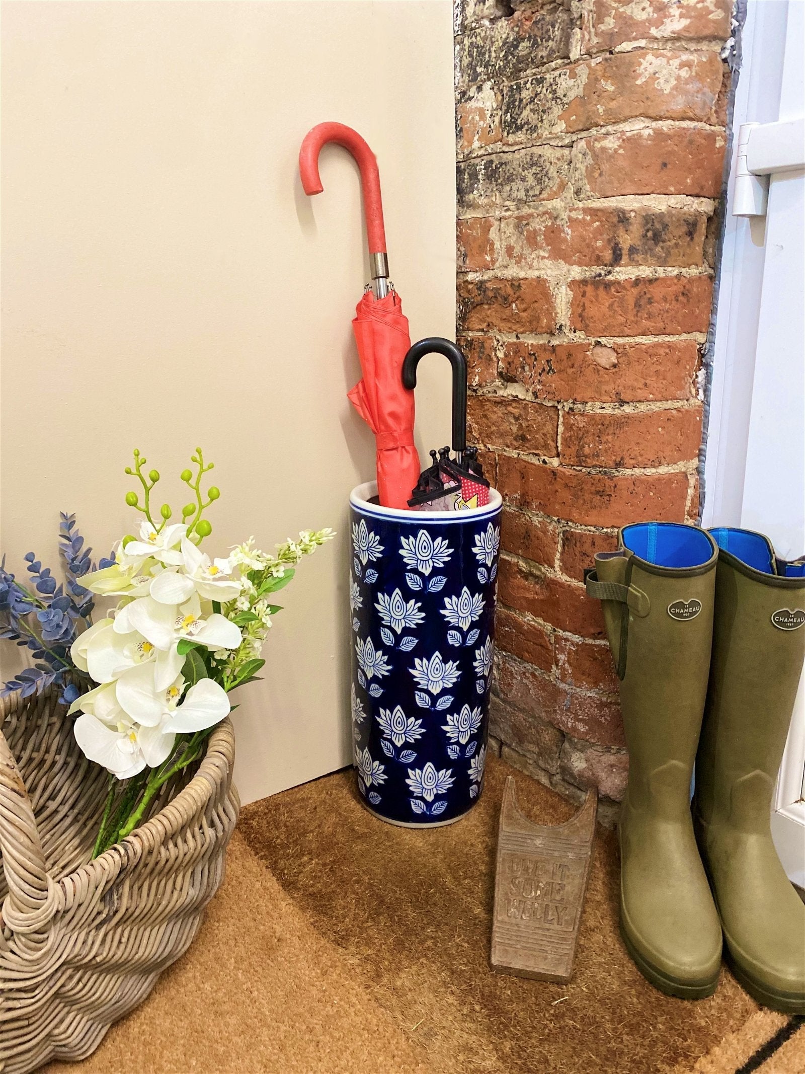 Blue With White Flower Umbrella Stand-2