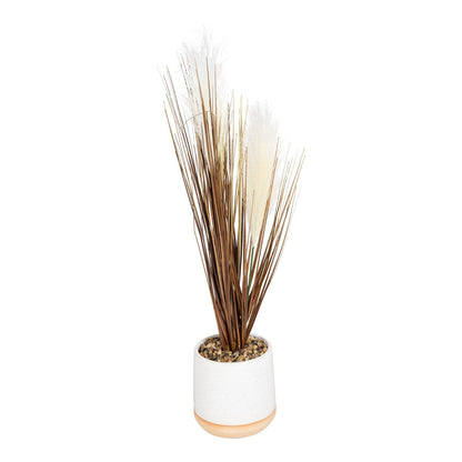 Artificial Grasses In A White Pot With White Feathers - 50cm-0