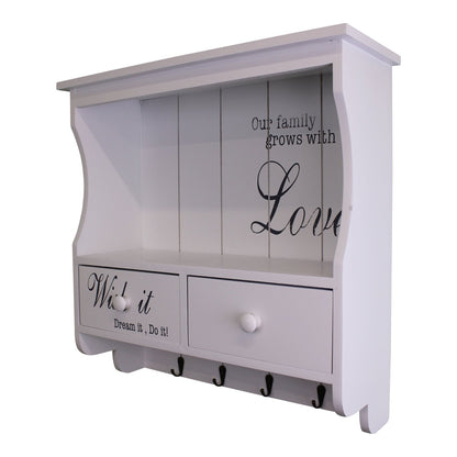 Wall Unit in White with Hooks, Drawers & Shelf-4