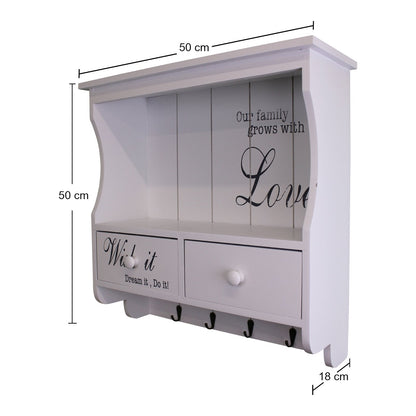 Wall Unit in White with Hooks, Drawers & Shelf-1