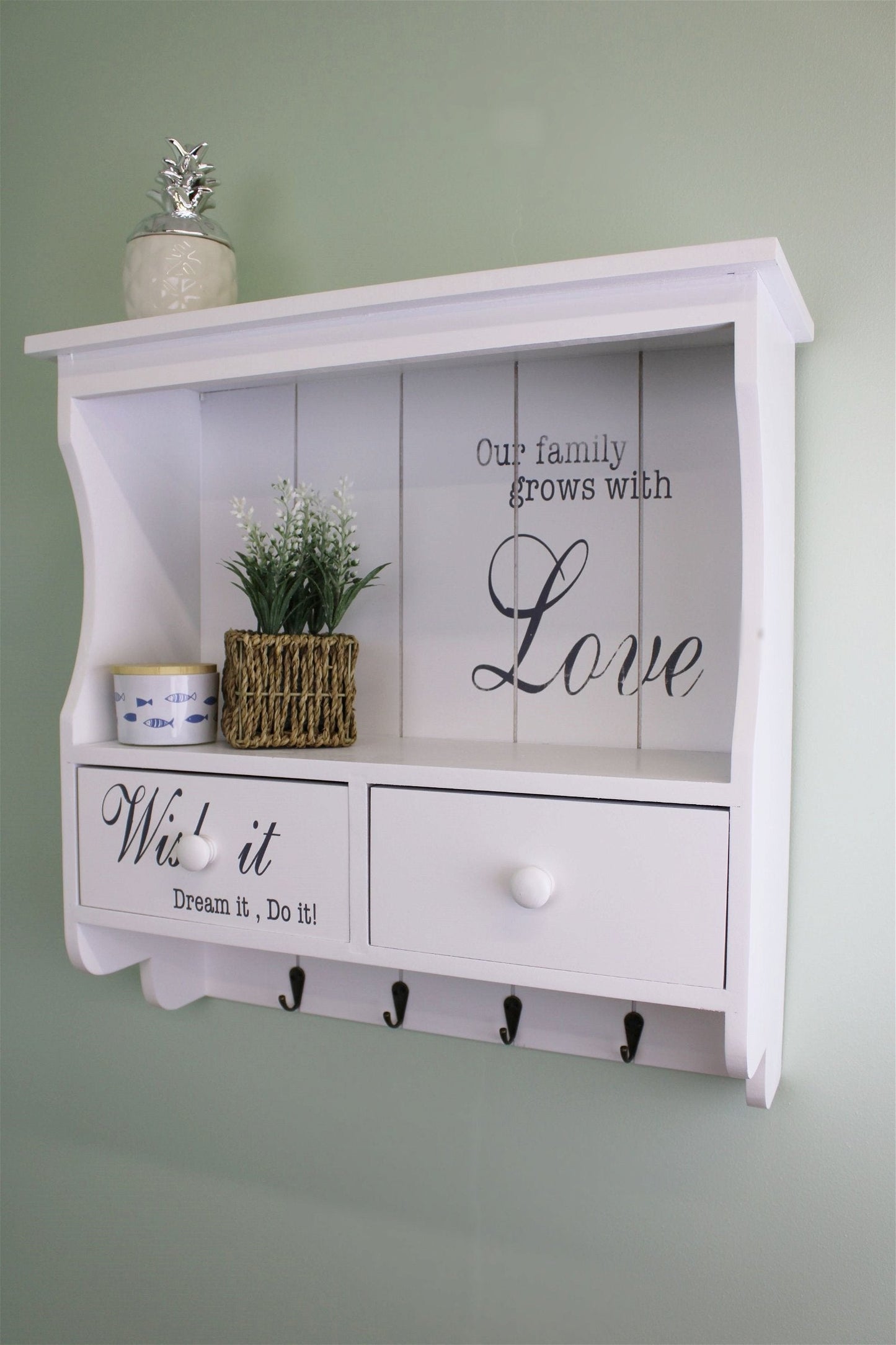 Wall Unit in White with Hooks, Drawers & Shelf-0