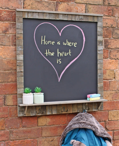 Large Blackboard with Driftwod Effect Surround, Shelf and 3 Double Hooks-1