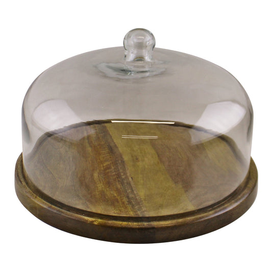 Mango Wood Cake Stand With Glass Dome-0