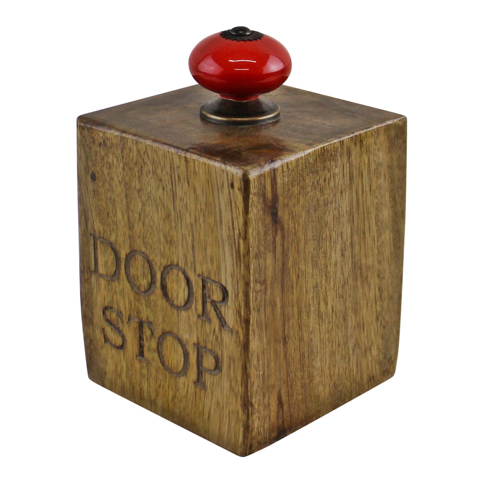 Mango Wood Doorstop With Red Ceramic Knob-3