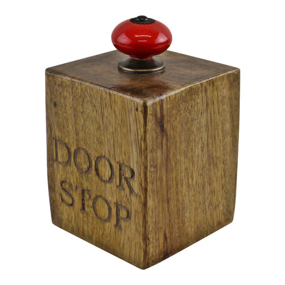 Mango Wood Doorstop With Red Ceramic Knob-3