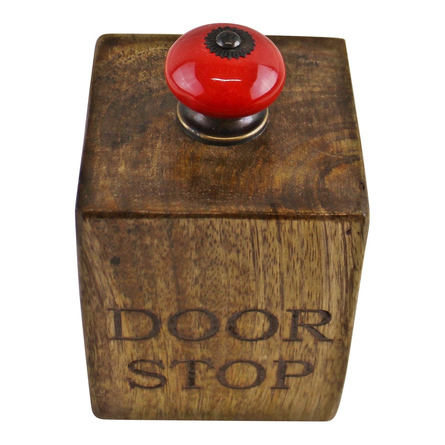 Mango Wood Doorstop With Red Ceramic Knob-2