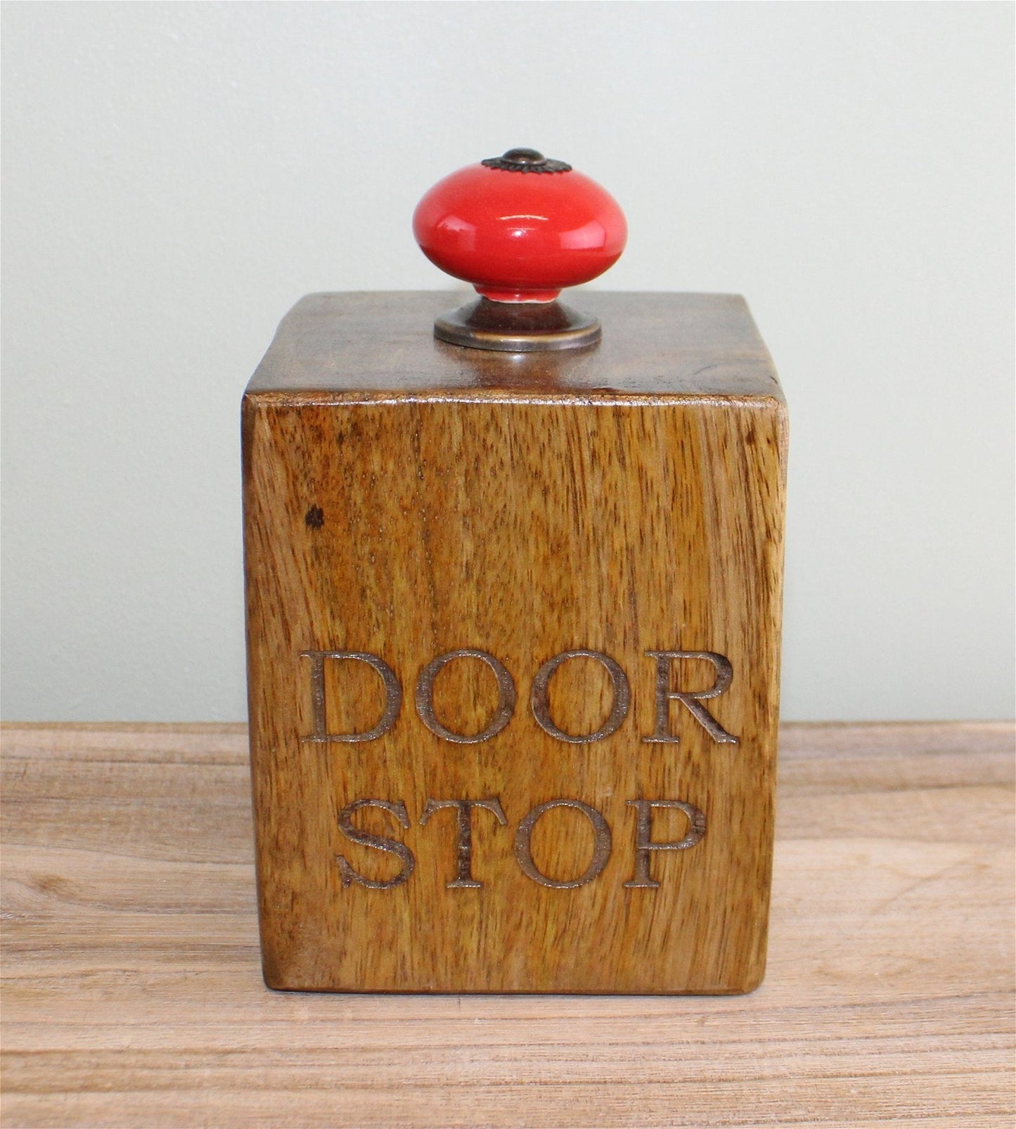 Mango Wood Doorstop With Red Ceramic Knob-1