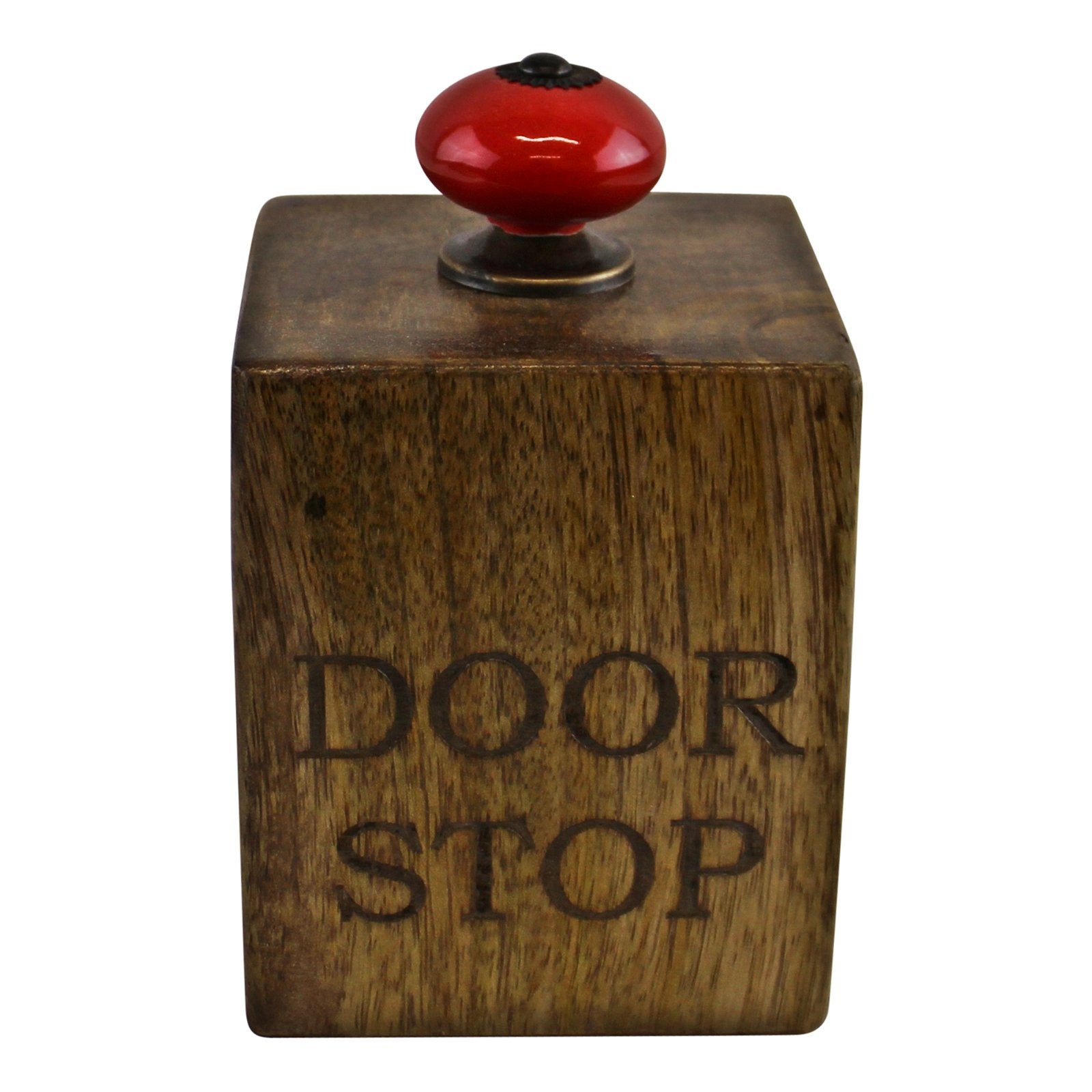 Mango Wood Doorstop With Red Ceramic Knob-0