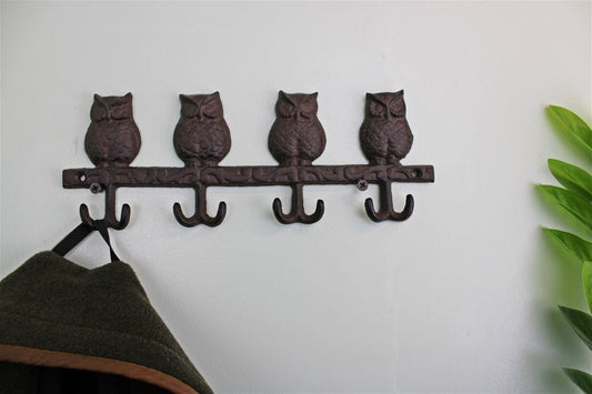 Rustic Cast Iron Wall Hooks, Owls-0