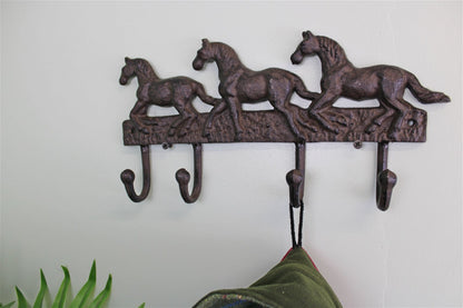 Rustic Cast Iron Wall Hooks, Three Horses-0