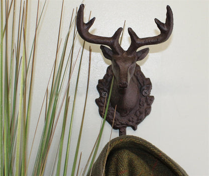 Rustic Cast Iron Wall Hooks, Single Stag Bust-2