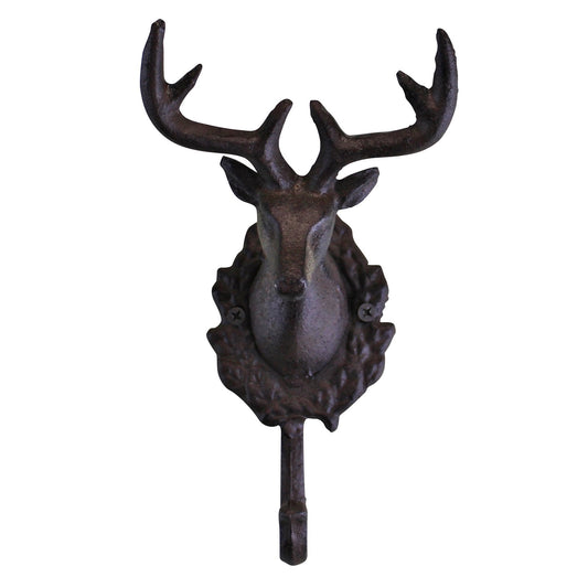 Rustic Cast Iron Wall Hooks, Single Stag Bust-0