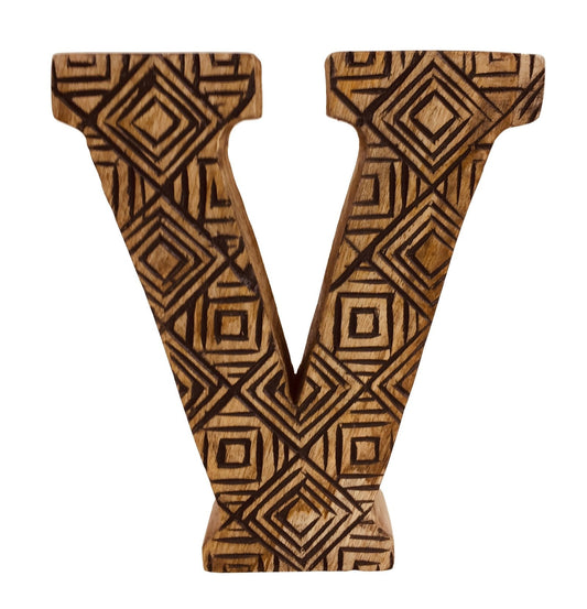 Hand Carved Wooden Geometric Letter V-0