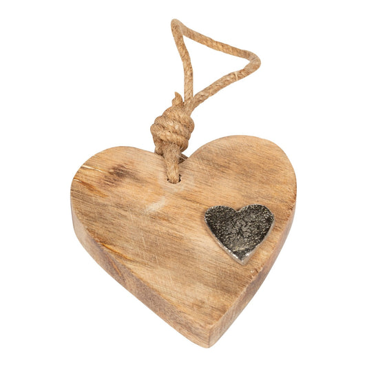 Wooden Hanging Heart With Silver Metal Heart-0