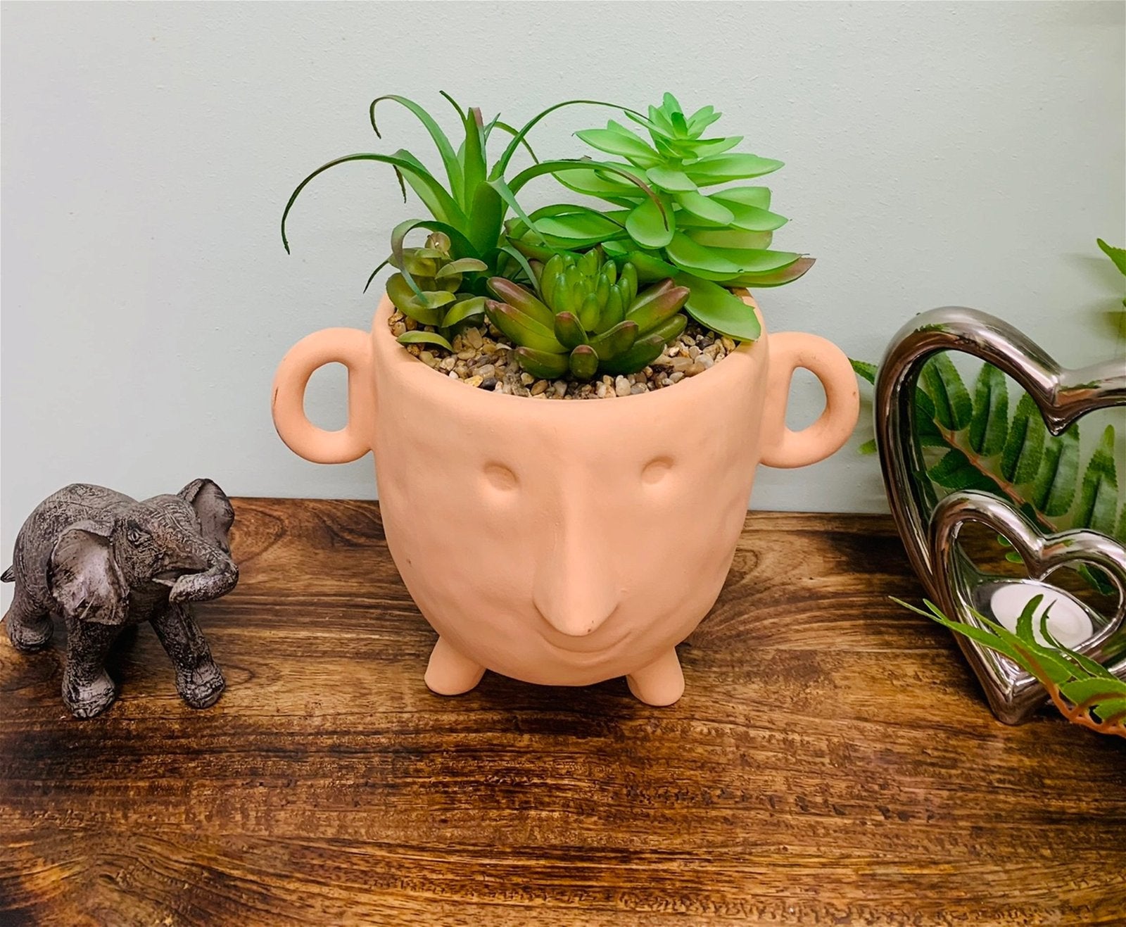 Face Terracotta Pot With Faux Cacti Large-3