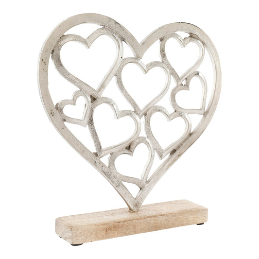 Metal Silver Hearts On A Wooden Base Large-0