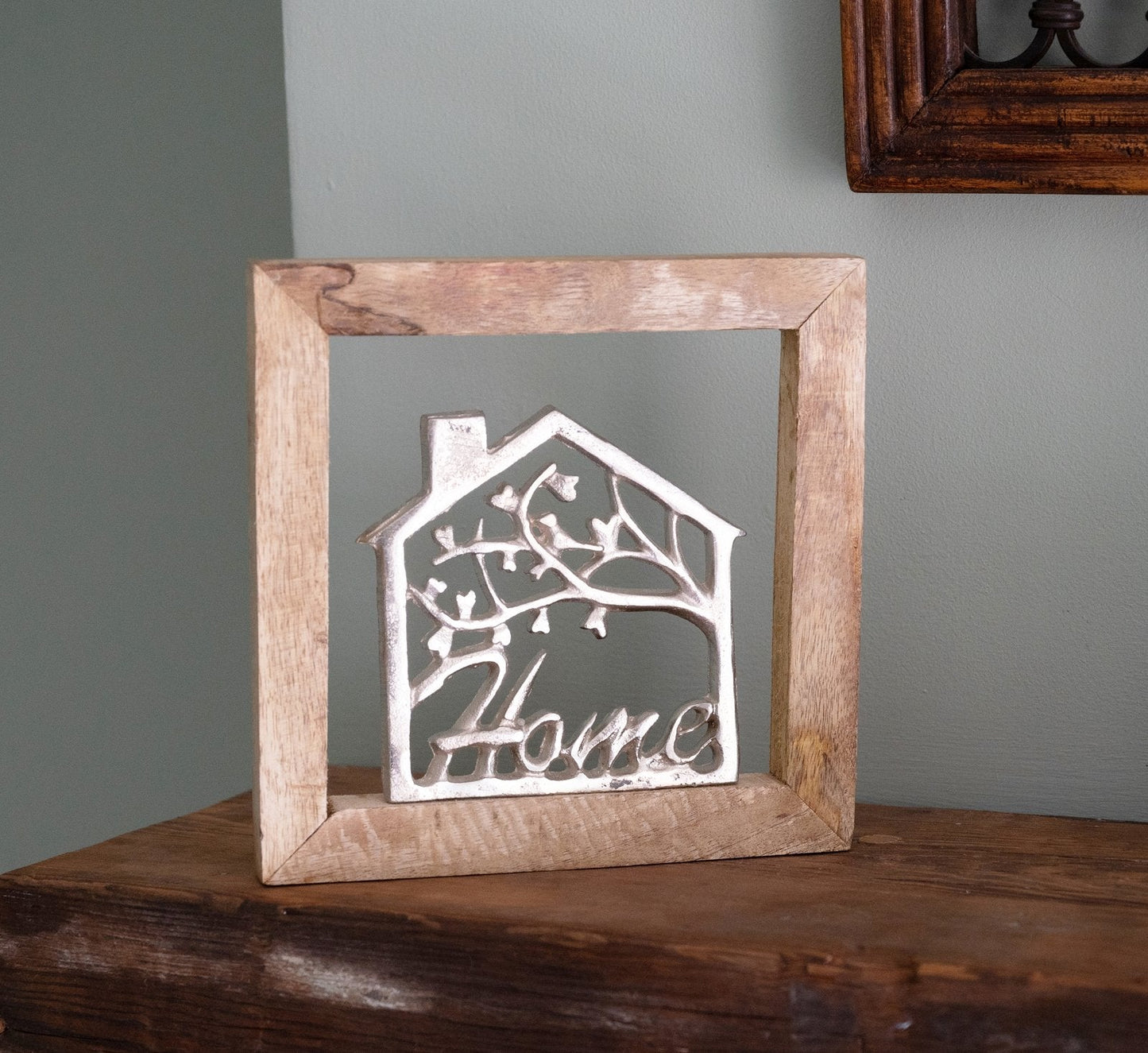 Wall Hanging Silver House In Wooden Frame 30cm-1