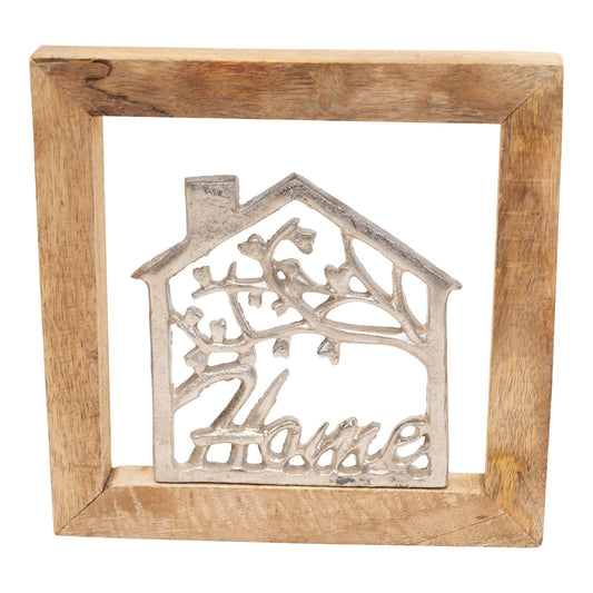 Wall Hanging Silver House In Wooden Frame 30cm-0