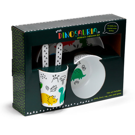 Recycled RPET Set of 5 Kids Cup, Bowl, Plate & Cutlery Set - Dinosauria RPSET01-0