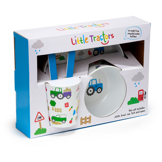 Recycled RPET Set of 5 Kids Cup, Bowl, Plate & Cutlery Set - Little Tractors RPSET02-0