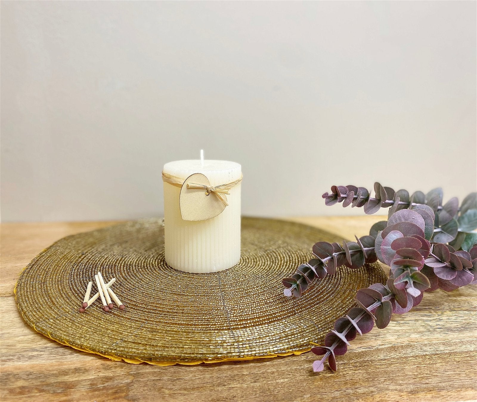 Small Cream Ridged Pillar Candle with Heart Decoration-2