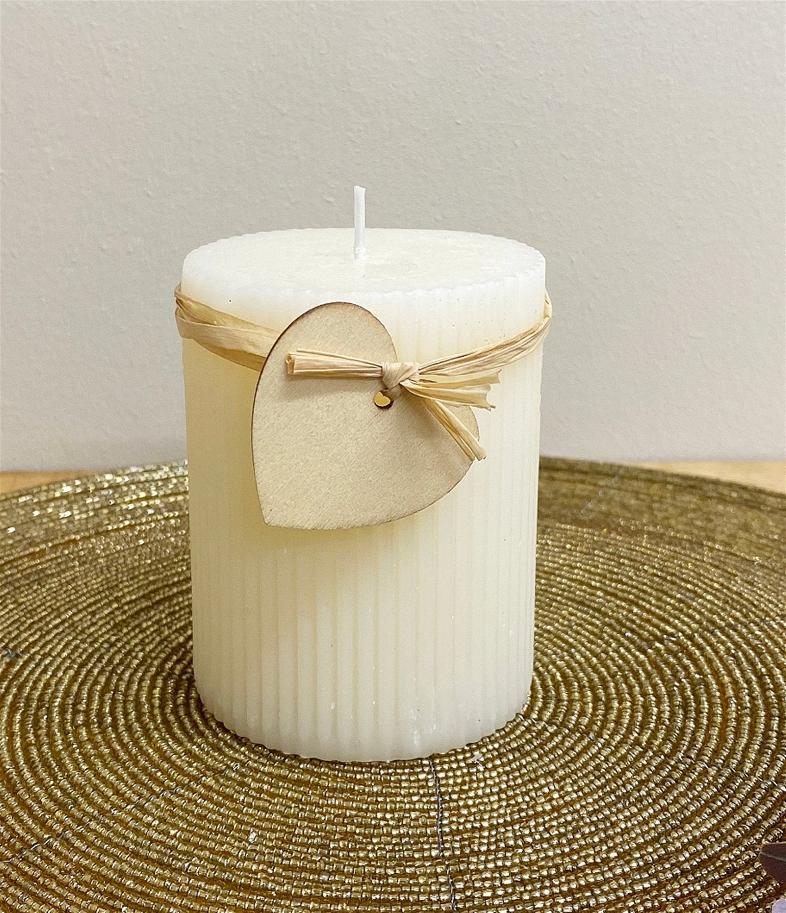 Small Cream Ridged Pillar Candle with Heart Decoration-1