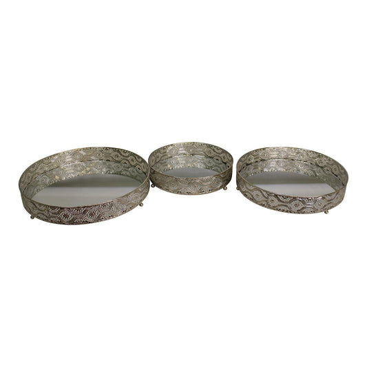 Set Of 3 Silver Metal and Mirrored Candle Plates-0