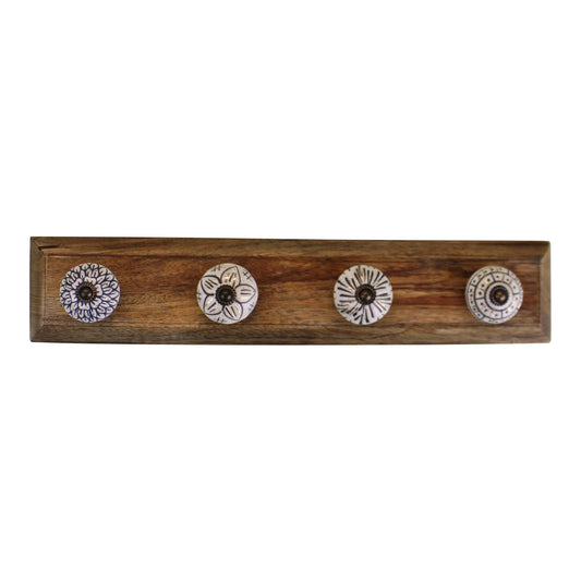 4 Single Ceramic Ivory Coat Hooks On Wooden Base-0