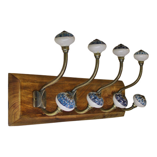 4 Double Ceramic Peacock Design Coat Hooks On Wooden Base-0