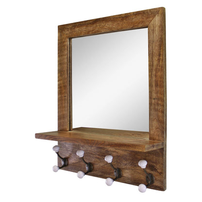 Mango Wood Shelf Unit With Mirror & 4 Double Coat Hooks-2