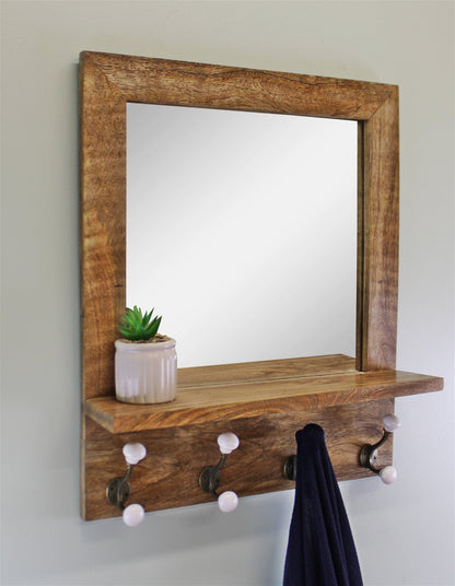 Mango Wood Shelf Unit With Mirror & 4 Double Coat Hooks-1