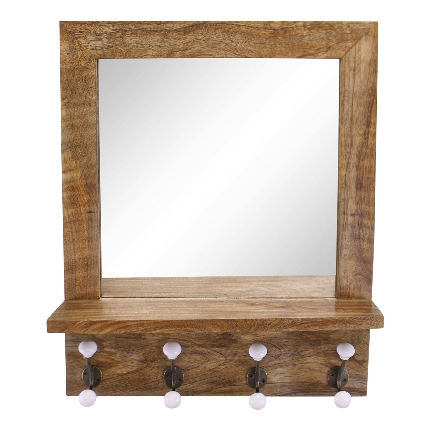 Mango Wood Shelf Unit With Mirror & 4 Double Coat Hooks-0