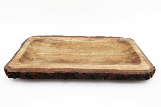 Large Wooden Platter Tray With Bark Edging-0