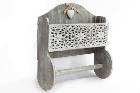 Grey Wooden Kitchen Towel Holder With Cutout Pattern Shelf-0