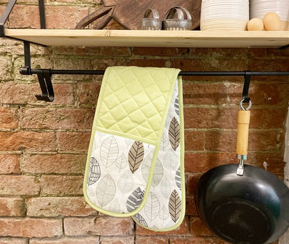 Kitchen Double Oven Glove With Contemporary Green Leaf Print Design-2