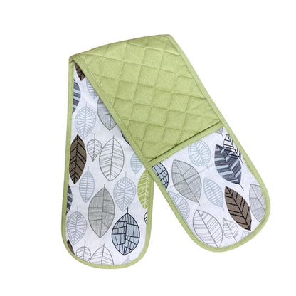 Kitchen Double Oven Glove With Contemporary Green Leaf Print Design-0