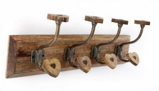 Mango Wood Heart 4 Double Coat Hooks-0