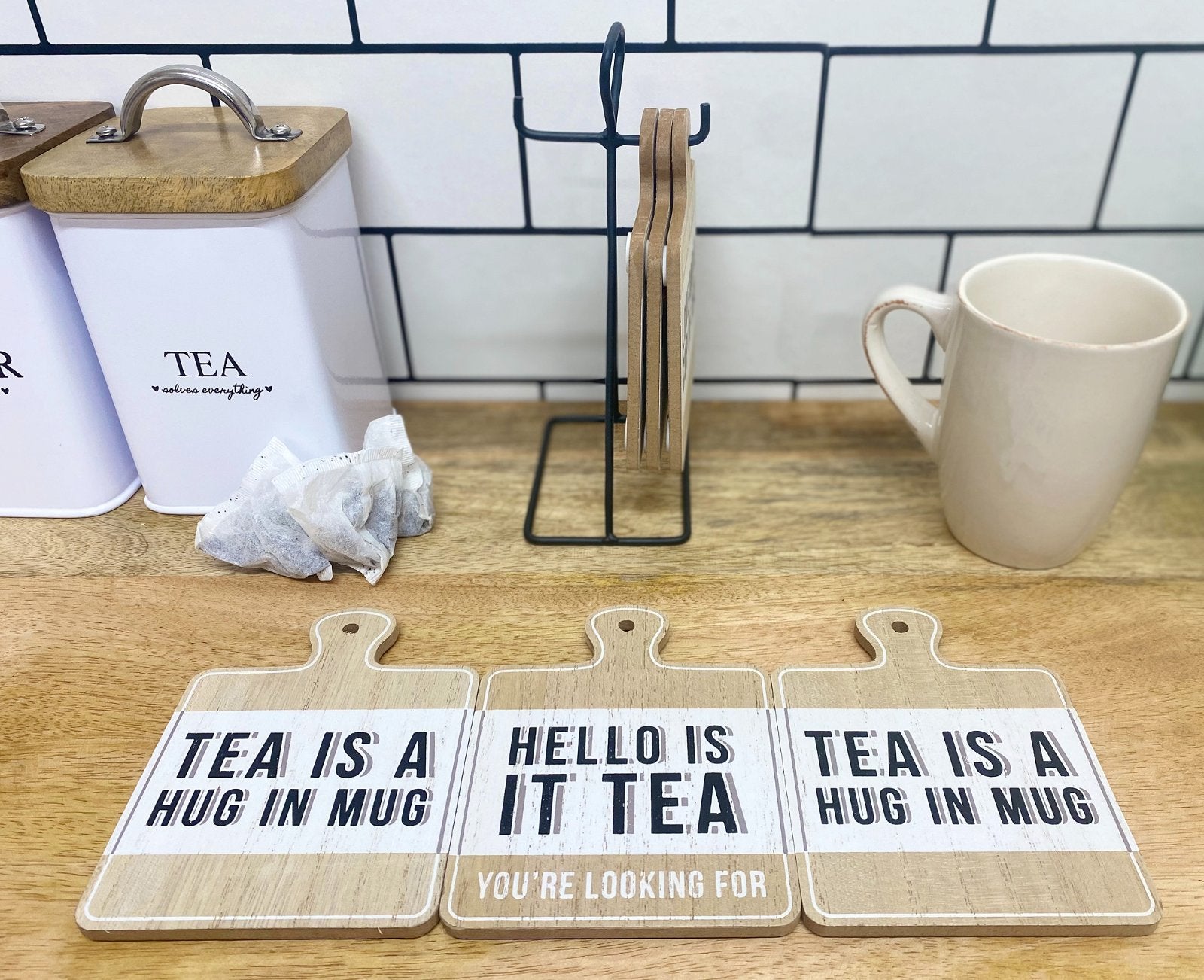 Set of Six Tea Slogan Coasters On Metal Stand-1