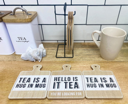 Set of Six Tea Slogan Coasters On Metal Stand-1